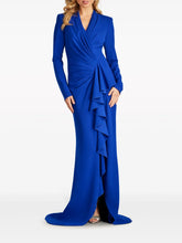 long-sleeve draped gown with front cascade ruffle – ROYIAL